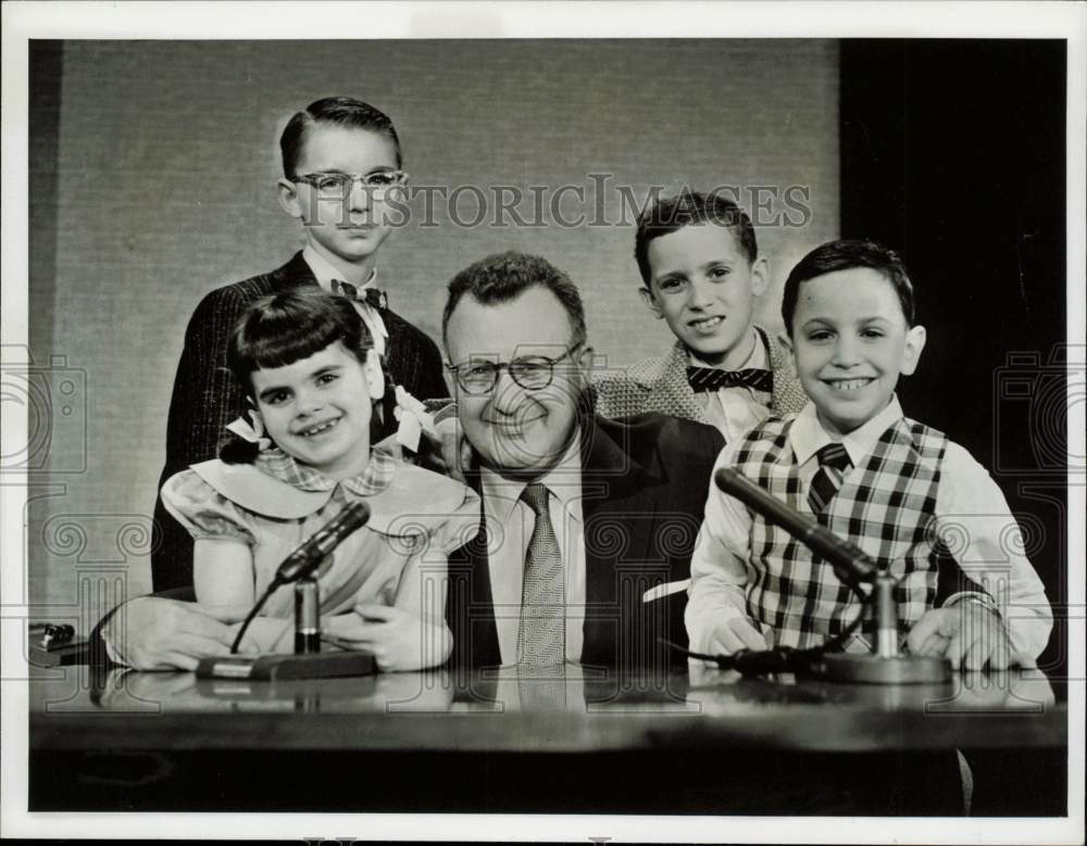 1956 Press Photo Host Clifton Fadiman &amp; Panelists on &quot;Quiz Kids&quot; TV Show- Historic Images