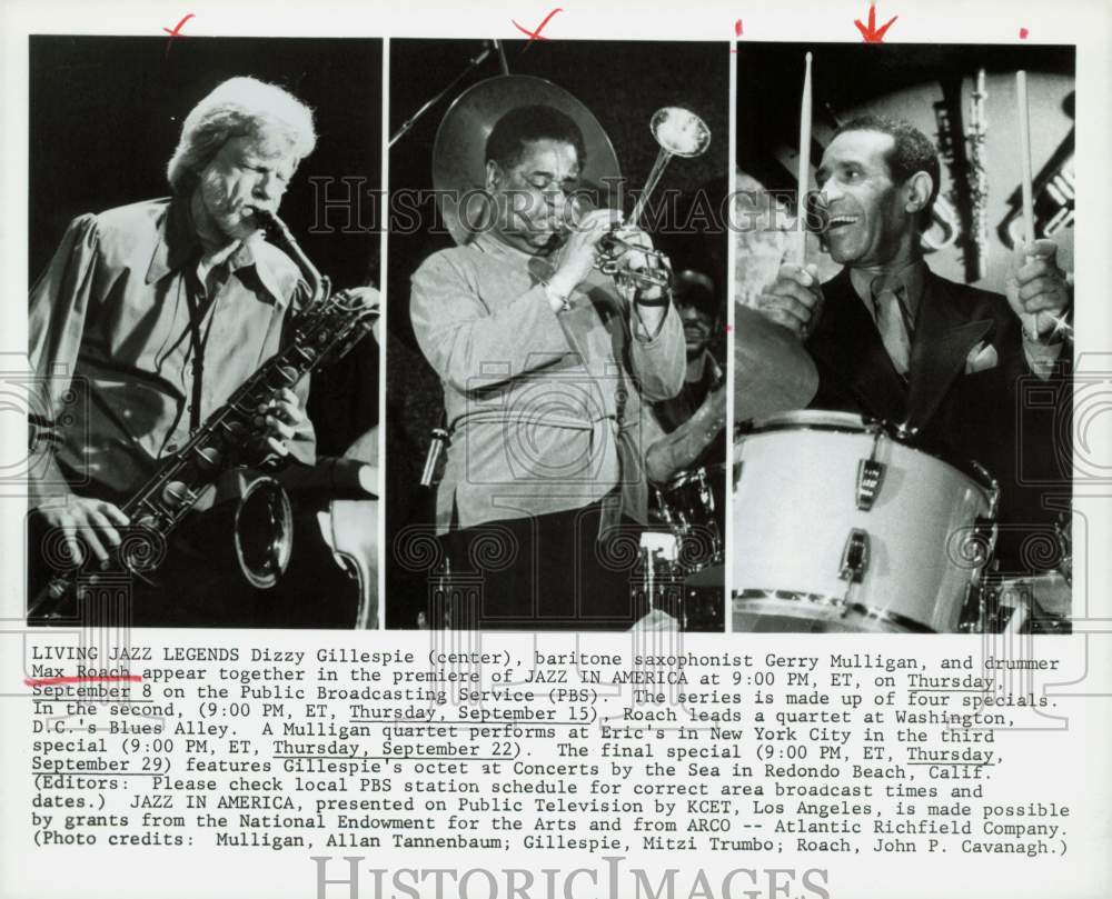 1992 Press Photo Dizzy Gillespie, Gerry Mulligan, Max Roach on "Jazz in America"- Historic Images