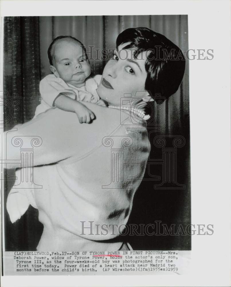 1959 Press Photo Deborah Power holding son, Tyrone Power III, actor&#39;s only son.- Historic Images