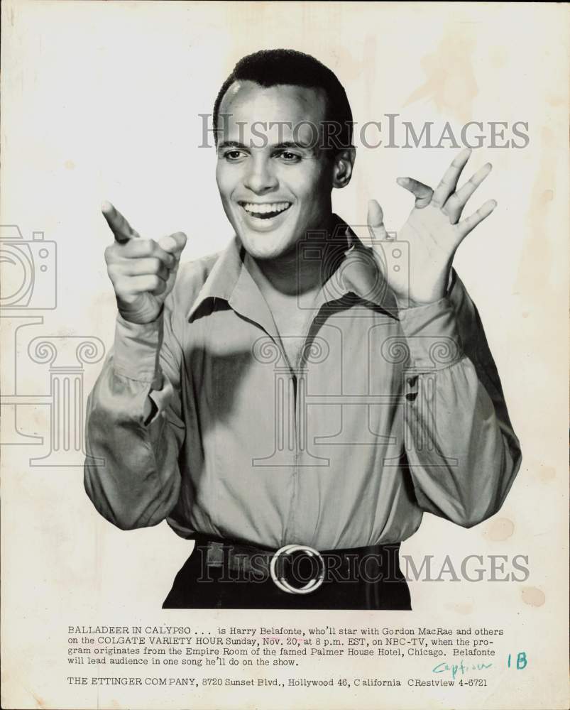 1955 Press Photo Singer Harry Belafonte stars on &quot;Colgate Variety Hour,&quot; on NBC.- Historic Images