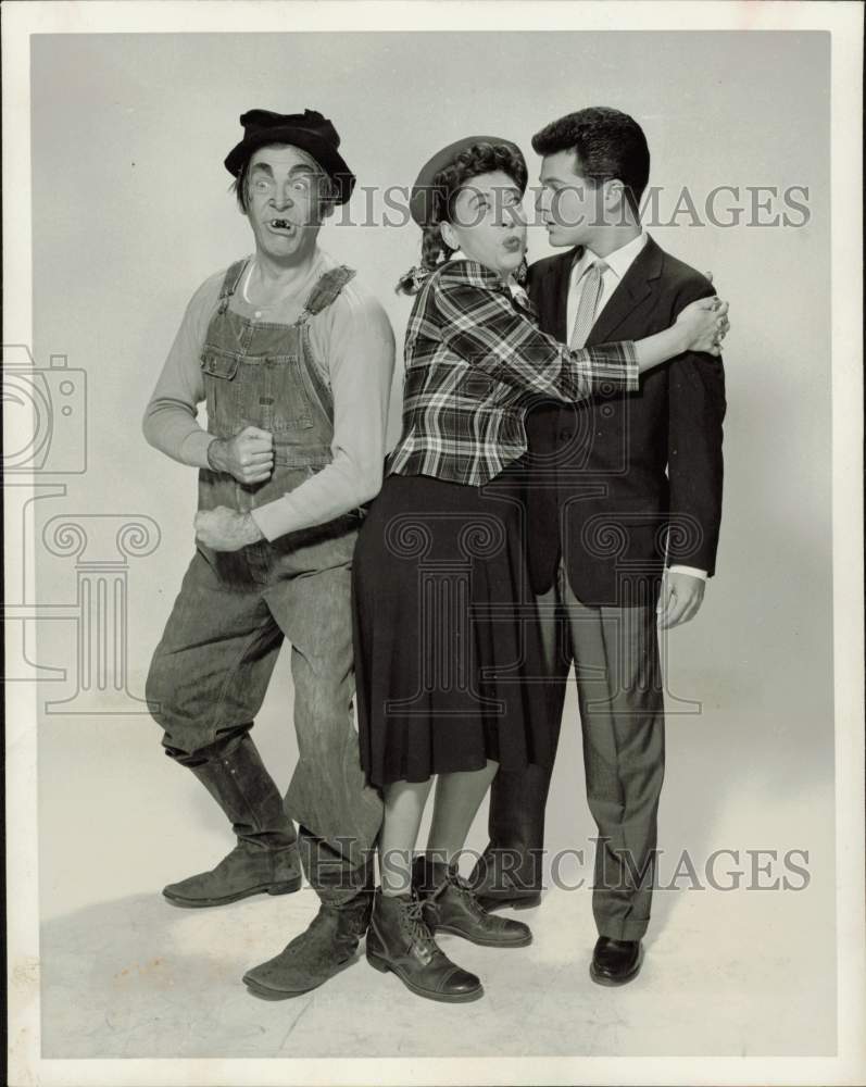 1958 Press Photo Milton Berle, Judy Canova and Tommy Sands on &quot;Kraft Music Hall&quot;- Historic Images