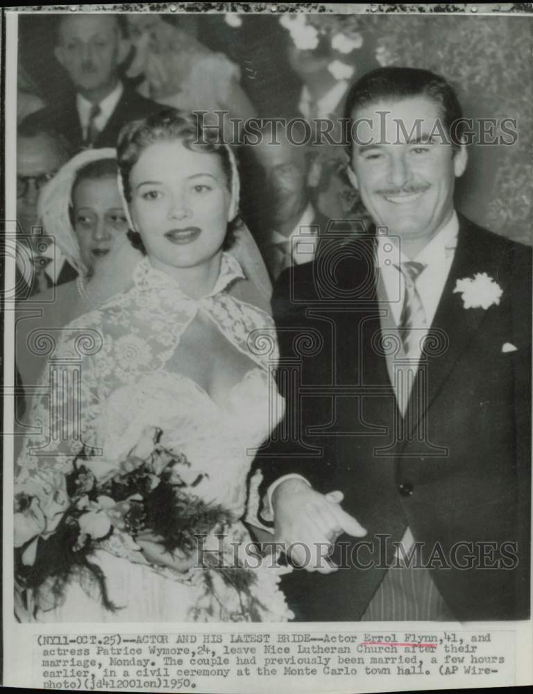 1950 Press Photo Actor Errol Flynn & Wife Patrice Wymore on Wedding Day- Historic Images