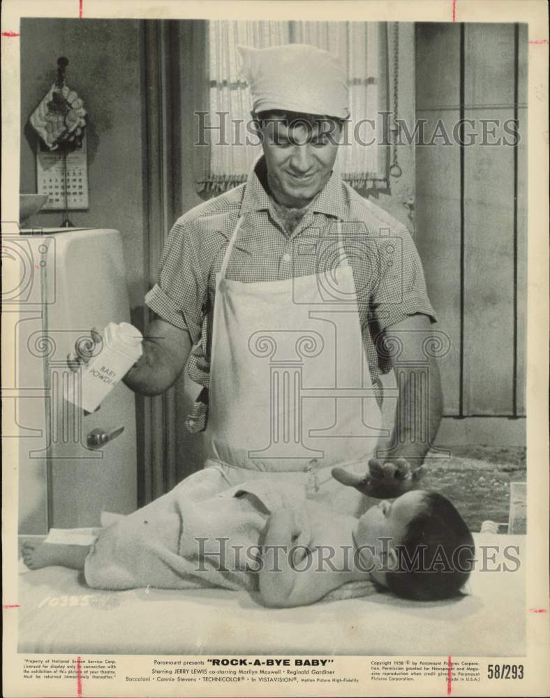 1958 Press Photo Comedian-Actor Jerry Lewis, Child Co-Star in &quot;Rock-A-Bye Baby&quot;- Historic Images