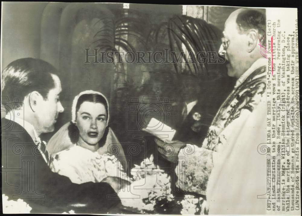 1949 Press Photo Wedding of Actors Tyrone Power &amp; Linda Christian in Rome- Historic Images