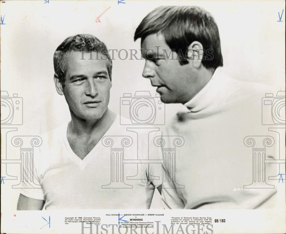 1969 Press Photo Actors Paul Newman, Robert Wagner in "Winning" Movie- Historic Images