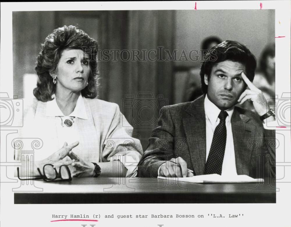 Press Photo Actors Harry Hamlin, Barbara Bosson on &quot;L.A. Law&quot; - hpp40519- Historic Images