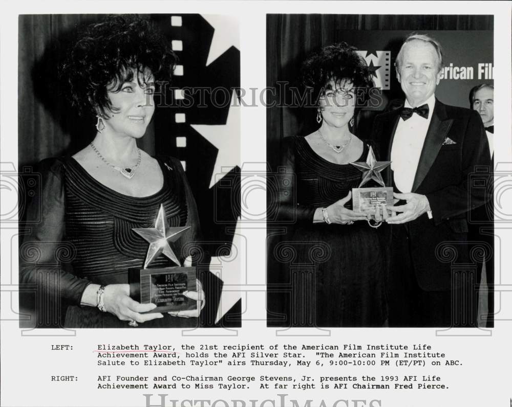 1993 Press Photo Elizabeth Taylor Gets AFI Silver Star Award, George Stevens Jr.- Historic Images