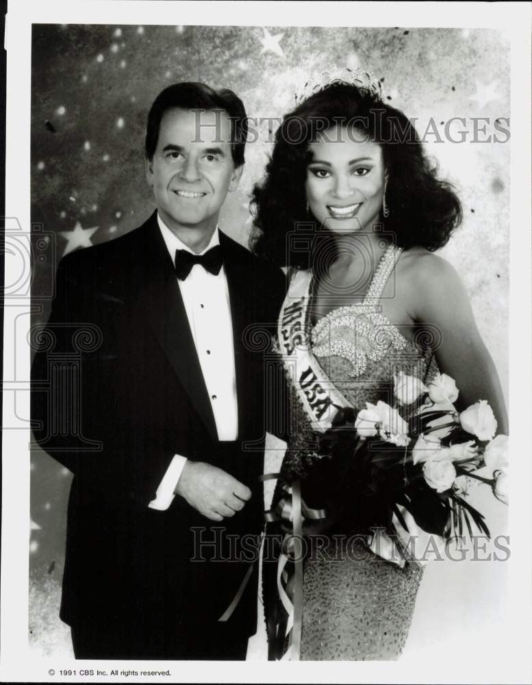 1991 Press Photo Dick Clark, Carole Gist in &quot;The 1991 Miss USA Pageant&quot;- Historic Images