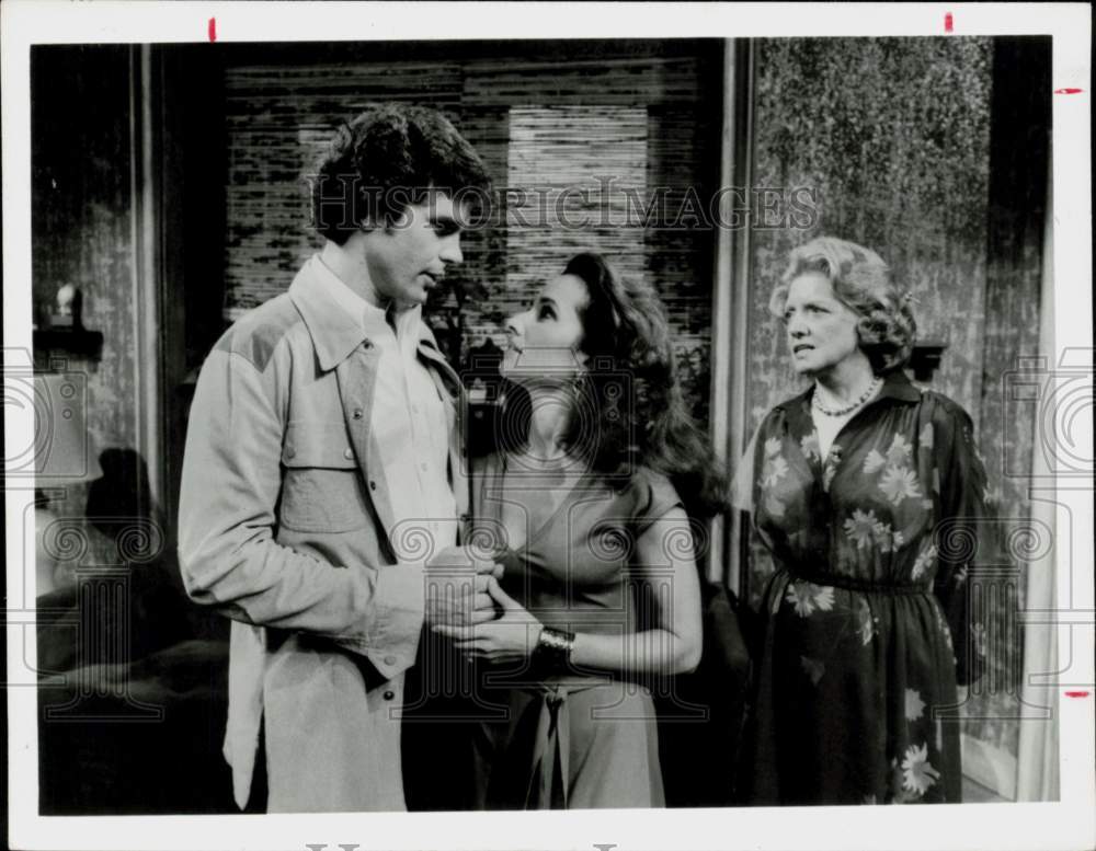 1980 Press Photo Dick Shoberg, Susan Lucci, Frances Hefflin on &quot;All My Children&quot;- Historic Images