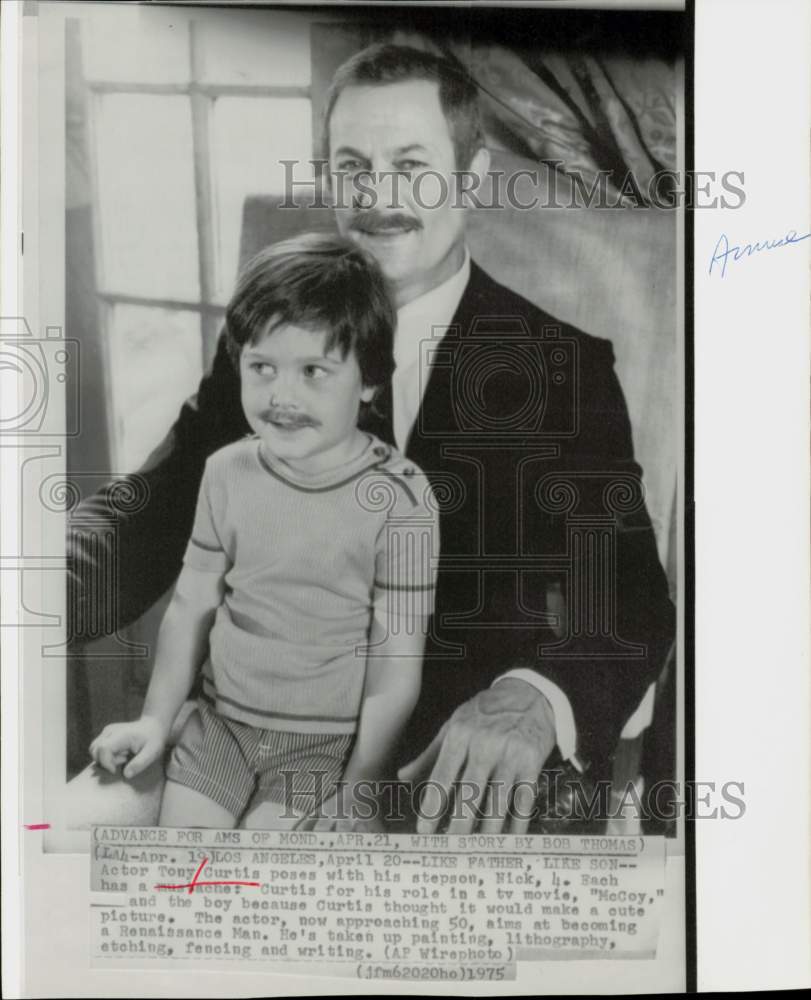 1975 Press Photo Actor Tony Curtis &amp; Stepson Nick, Both with Mustaches- Historic Images