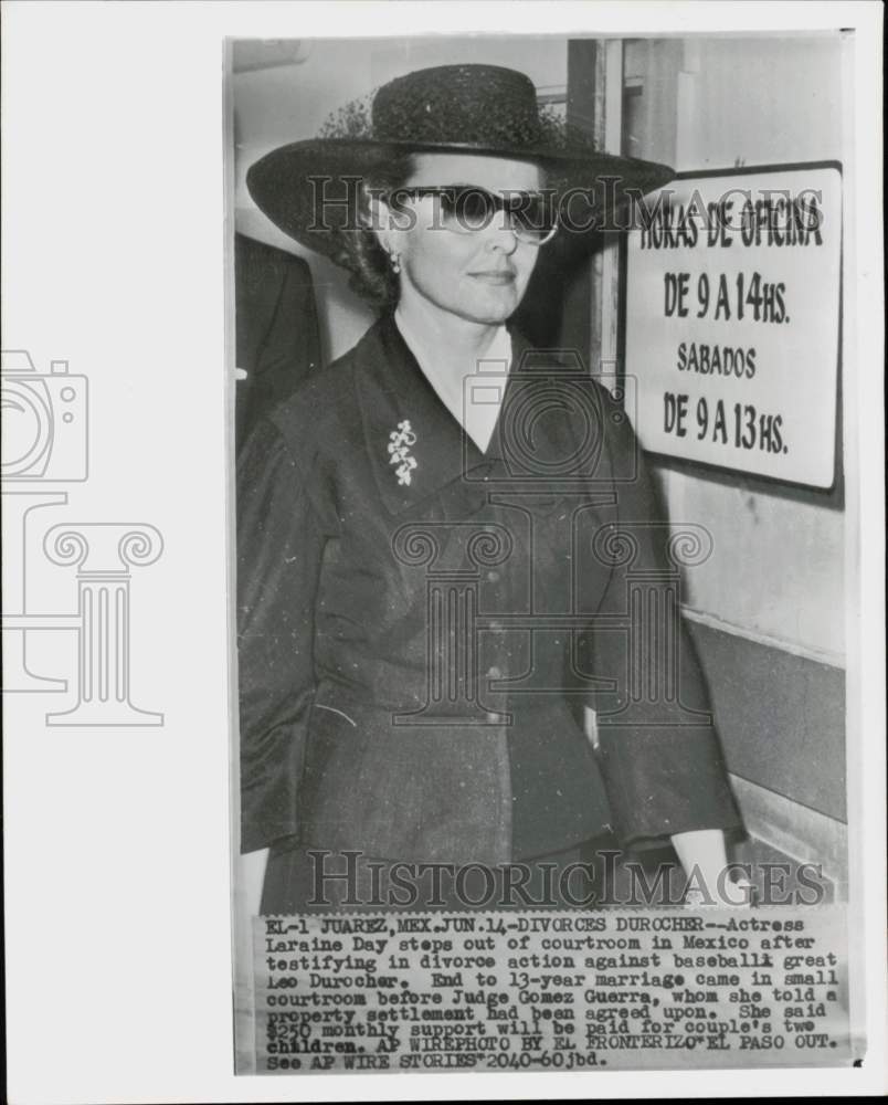 1960 Press Photo Actress Laraine Day Leaves Courtroom in Juarez, Mexico- Historic Images