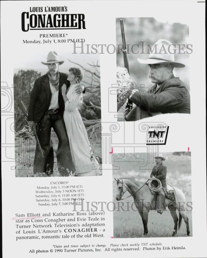 1990 Press Photo Sam Elliott and Katharine Ross in Louis L&#39;Amour&#39;s &quot;Conagher&quot;- Historic Images