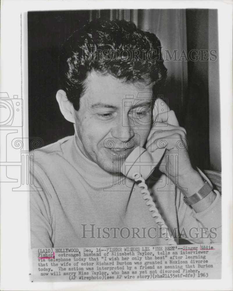 1963 Press Photo Singer Eddie Fisher During Phone Interview, Hollywood- Historic Images