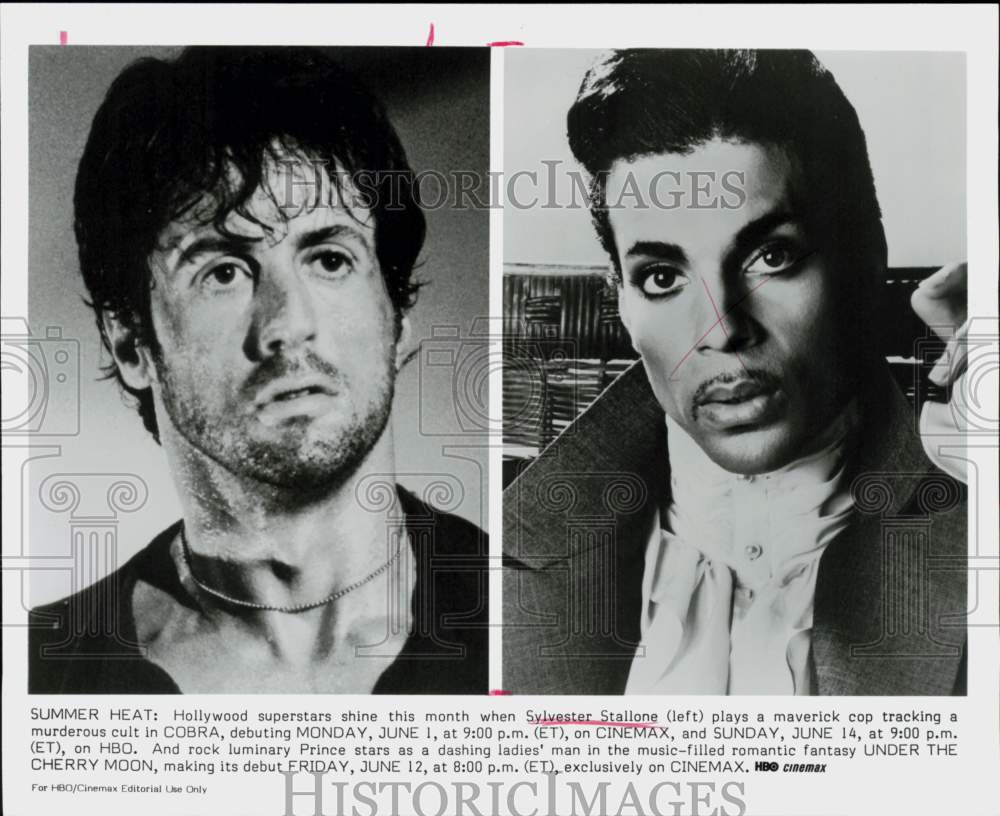 Press Photo Sylvester Stallone in &quot;Cobra&quot; and Prince in &quot;Under the Cherry Moon&quot;- Historic Images