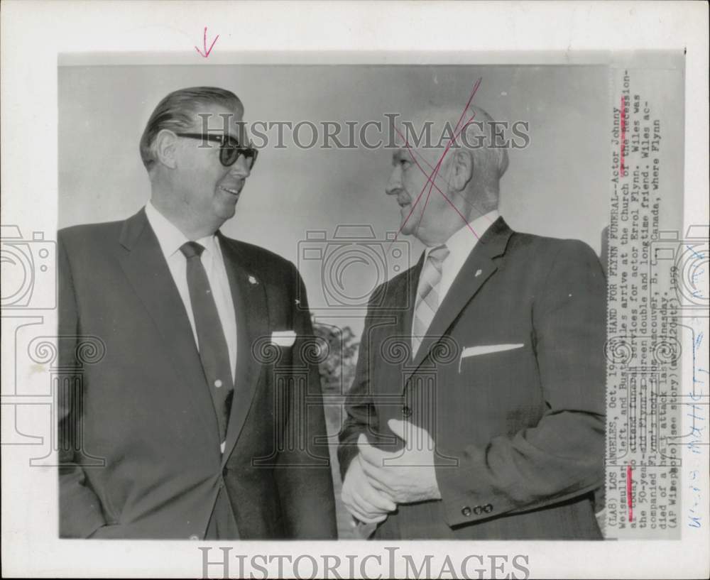 1959 Press Photo Actor Johnny Weissmuller & Buster Wiles at Errol Flynn Funeral- Historic Images