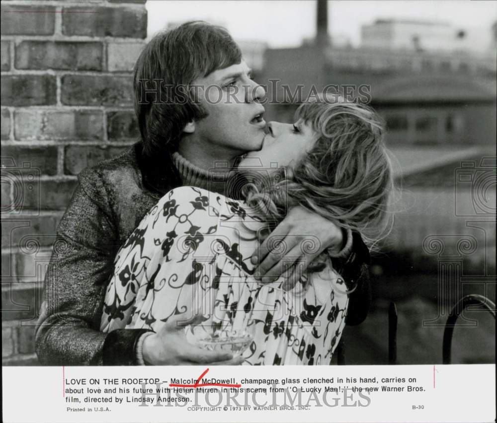 1973 Press Photo Actor Malcolm McDowell, Helen Mirren in &quot;O Lucky Man!&quot;- Historic Images