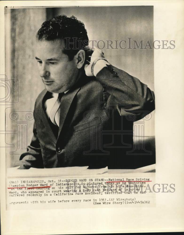 1962 Press Photo Race driver Rodger Ward testifies at court in Indianapolis- Historic Images