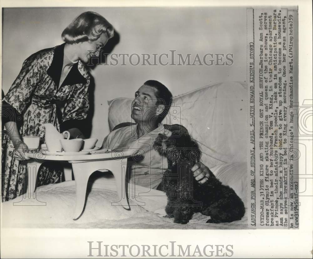 1959 Press Photo Barbara Scott serves Tom King breakfast as Prince watches.- Historic Images