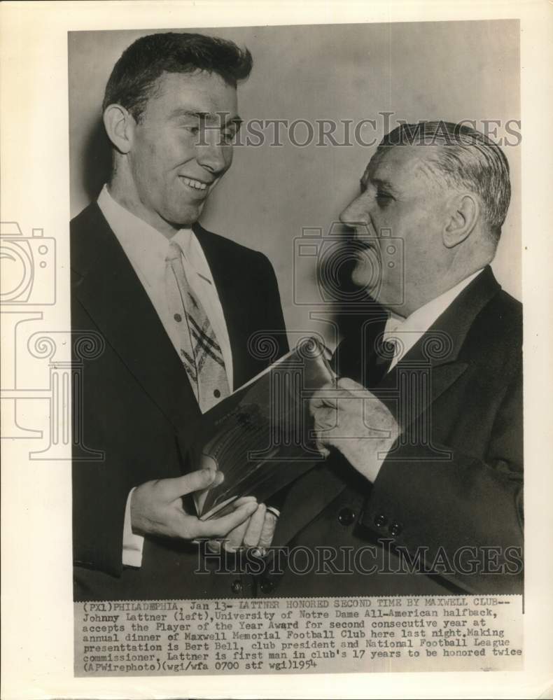 1954 Press Photo Johnny Lattner awarded Player of the Year by Bert Bell in PA- Historic Images