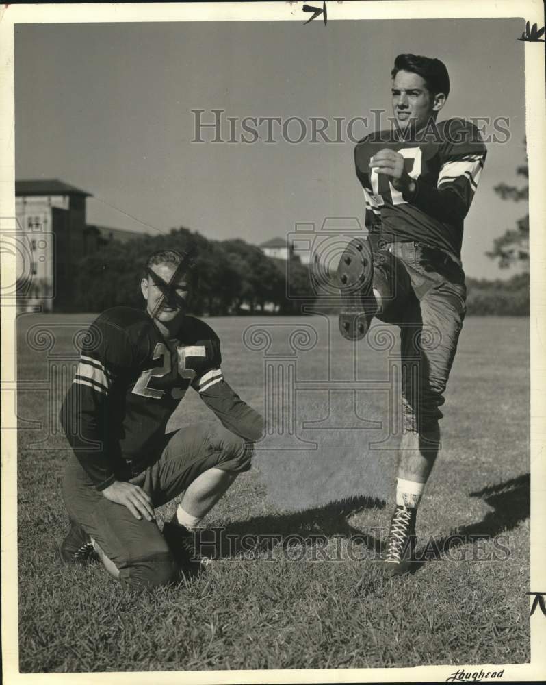 1959 Press Photo Billy Burkhalter kicks football that was held by teammate.- Historic Images