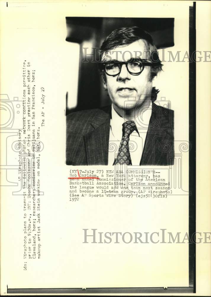 1972 Press Photo Bob Carlson named American Basketball Association Commissioner.- Historic Images