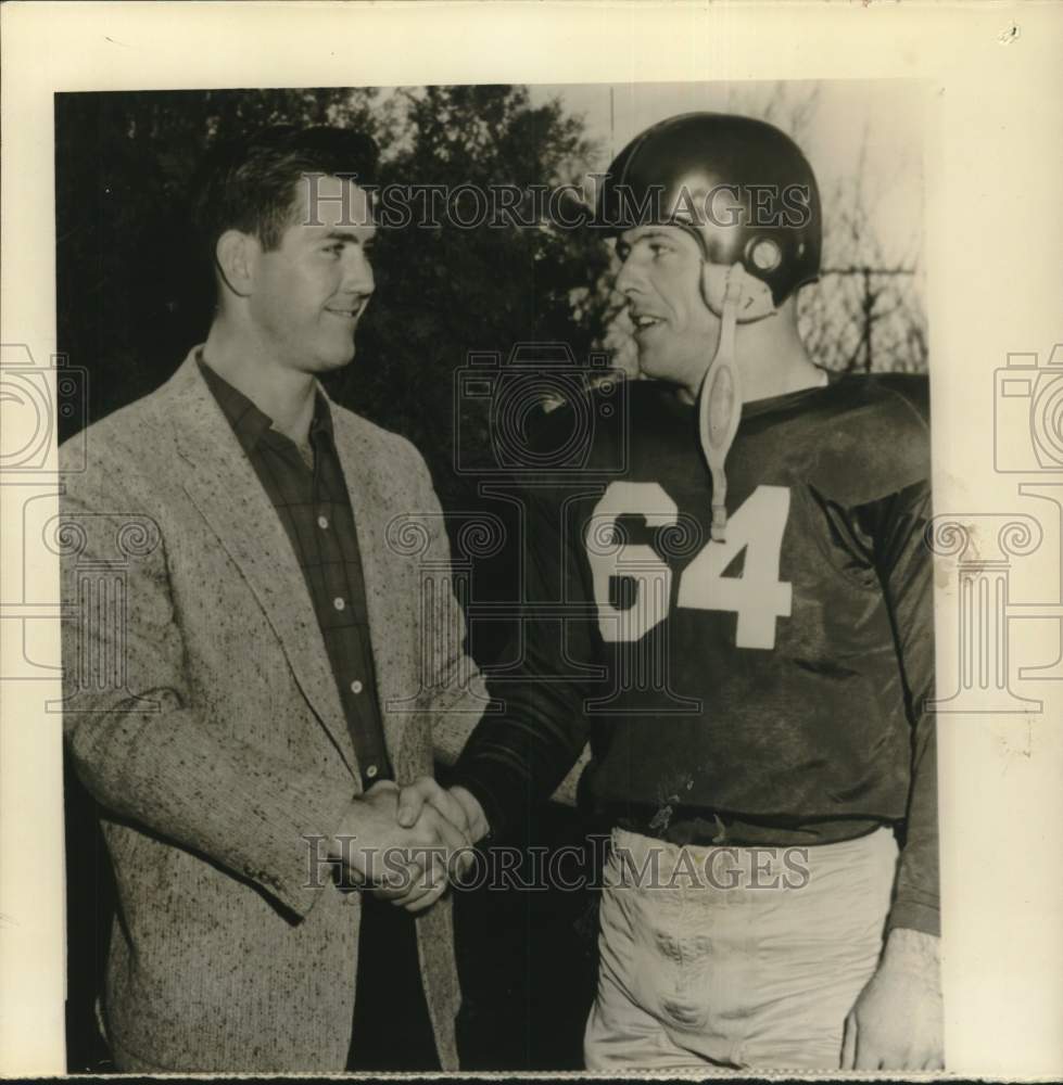 1958 Press Photo Lewis Carpenter #64 greets Bud Brooks. - hps02510- Historic Images