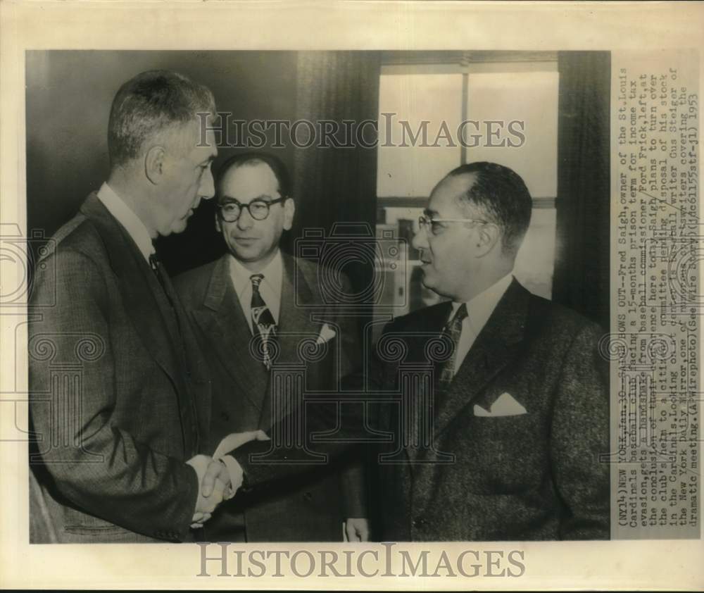 1953 Press Photo Fred Saigh, Ford Frick, Gus Steiger at Baseball Club Offices- Historic Images