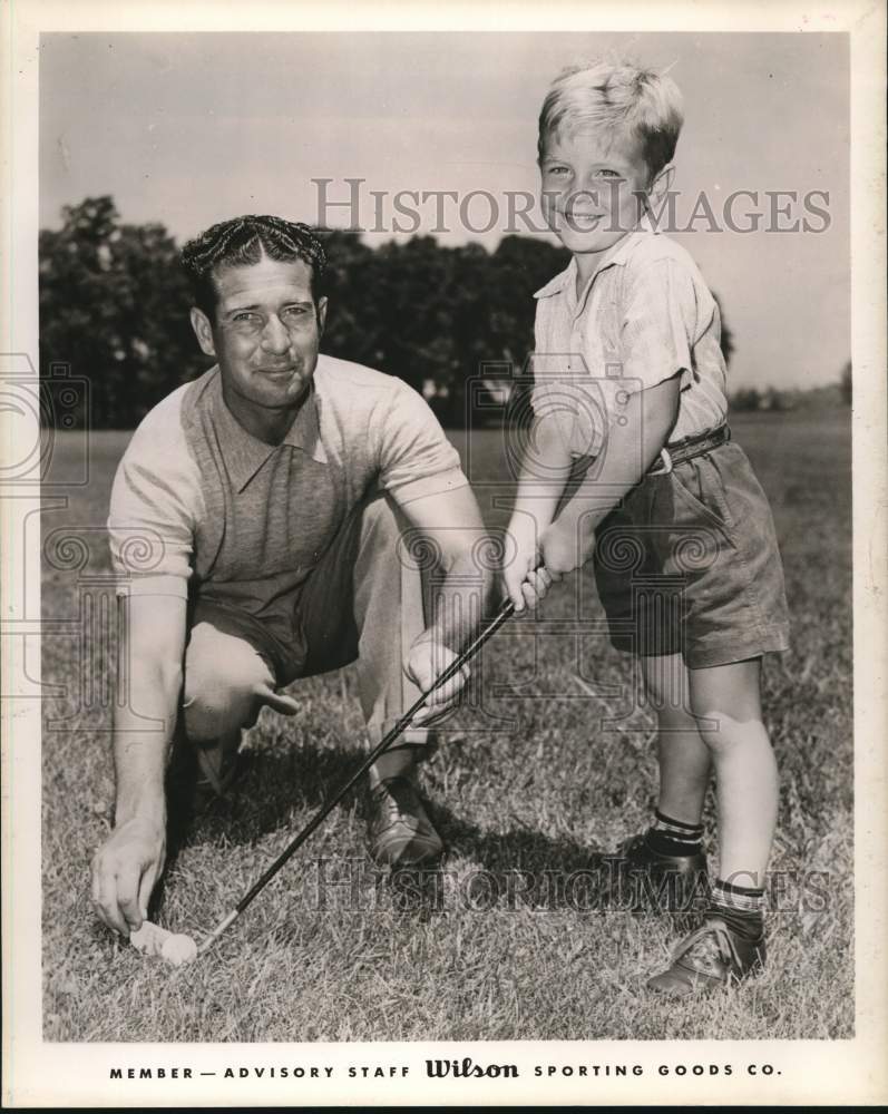 1958 Press Photo Golfer Dick Metz &amp; Son Craig Pose with Club &amp; Ball - hps06088- Historic Images