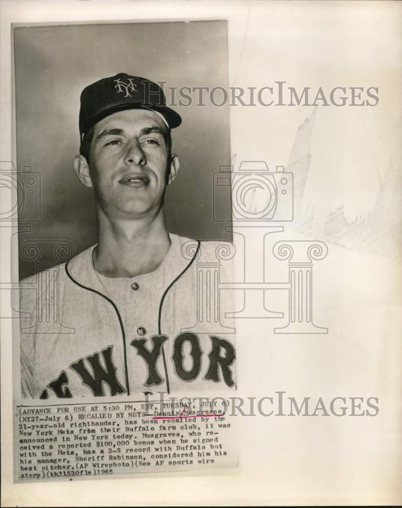 1965 Press Photo Dennis Musgraves, New York Mets Baseball Pitcher - hps06378- Historic Images