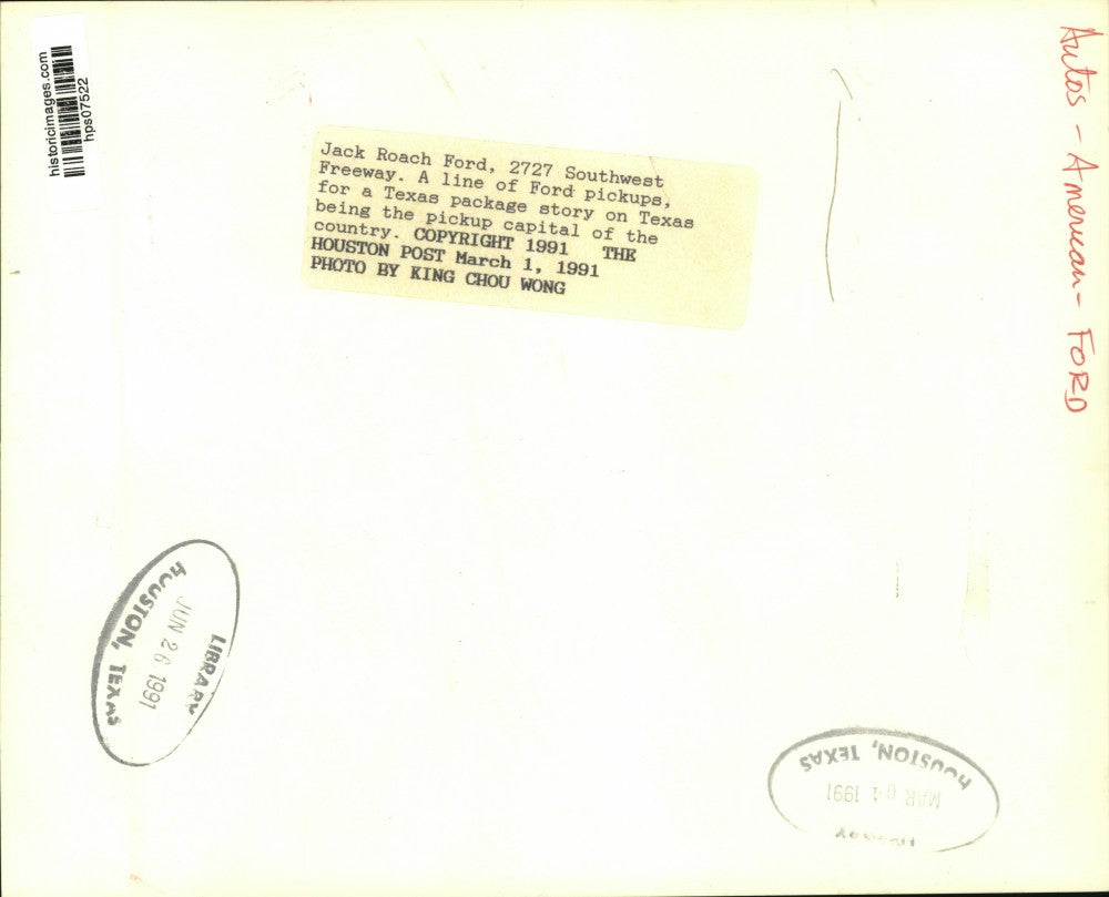 1991 Press Photo Ford Pickup Trucks at Jack Roach Ford on Southwest Freeway