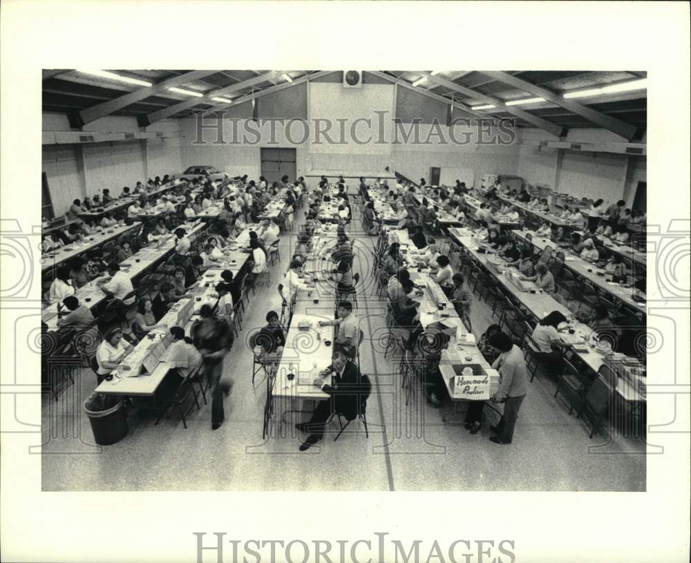 1979 Press Photo Bingo players sit at long tables. - hps07648- Historic Images