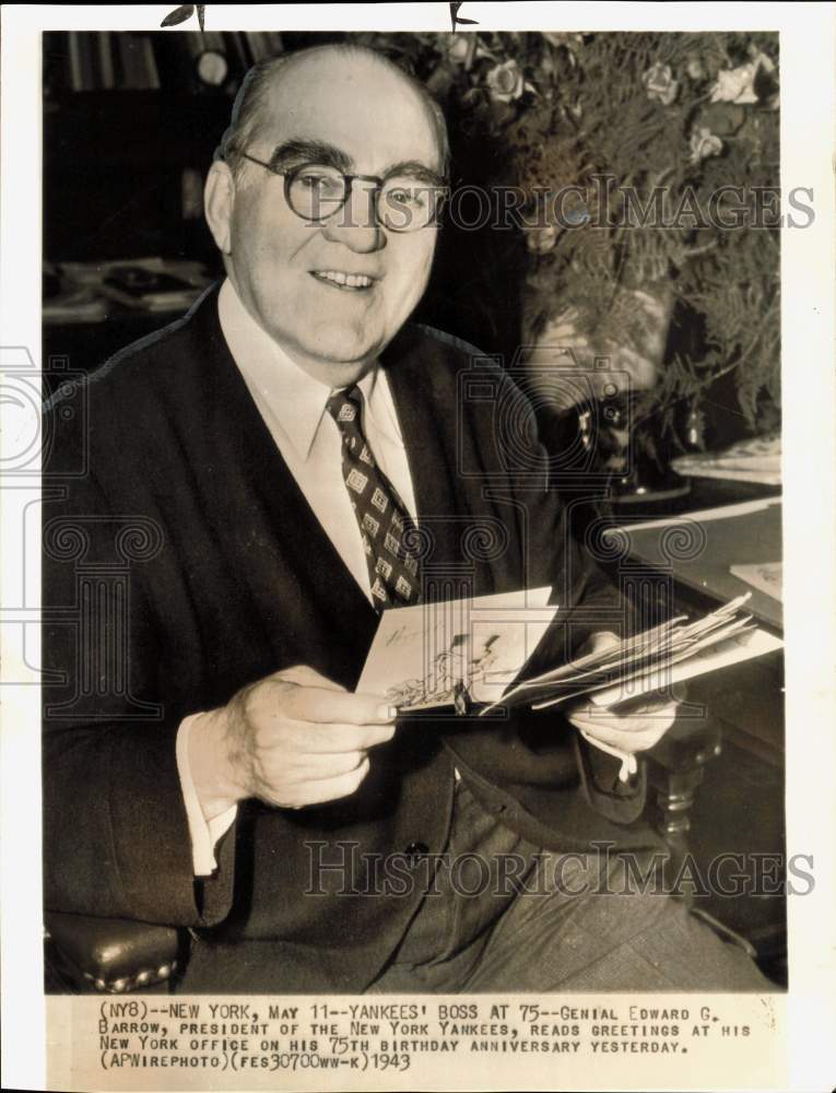 1943 Press Photo New York Yankees Baseball President Edward G. Barrow in Office- Historic Images