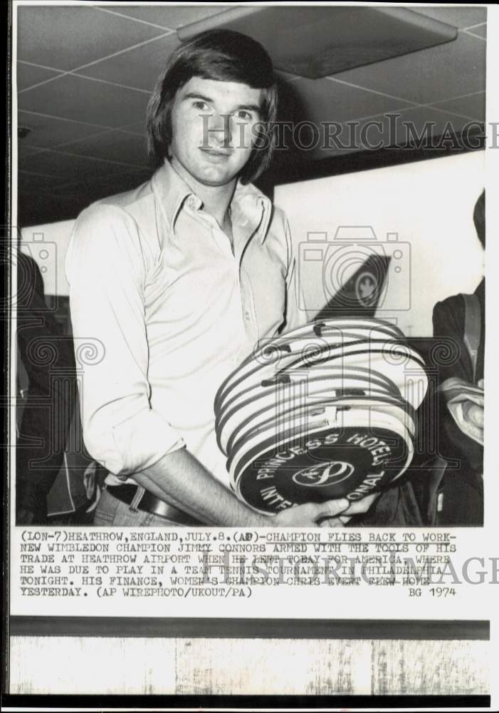 1974 Press Photo Jimmy Connors, Tennis Player at Heathrow Airport in England- Historic Images