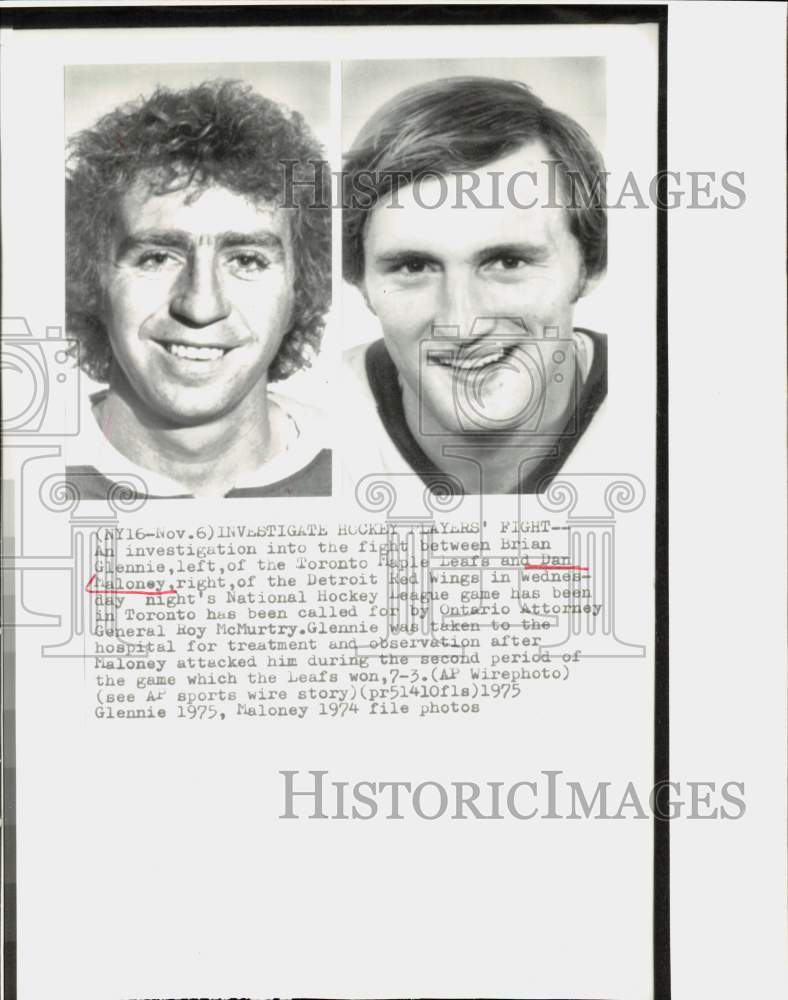 1975 Press Photo Brian Glennie and Dan Maloney, hockey players involved in fight- Historic Images