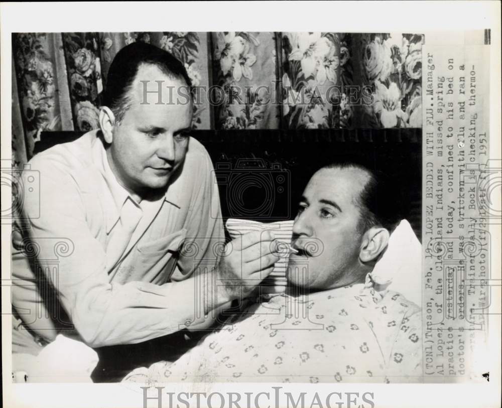 1951 Press Photo Cleveland Indians&#39; Wally Bock checks temperature of Al Lopez- Historic Images