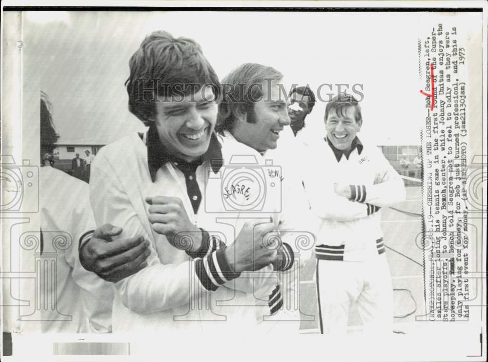 1973 Press Photo Bob Seagren, Johnny Bench, Johnny Unitas at Super-Star Playoffs- Historic Images