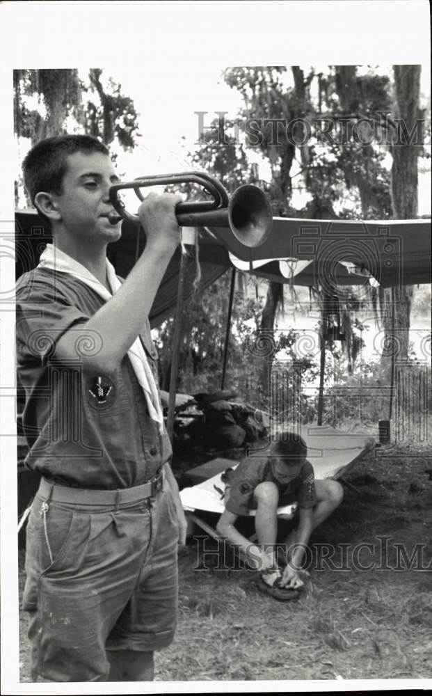 Press Photo Boy Scout blows morning reveille - hps10286- Historic Images