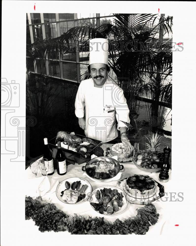 1984 Press Photo Chef Walter Wittwen with food and wine - hps10398- Historic Images