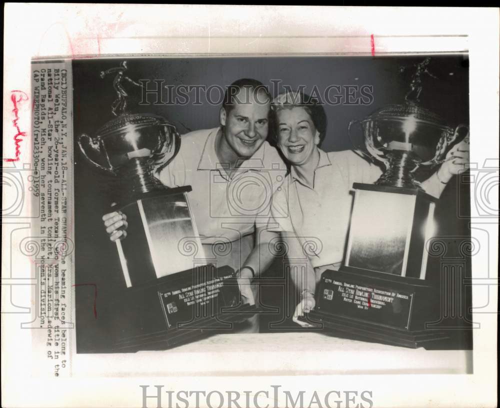 1959 Press Photo Billy Welu and Mrs. Marion Ladewig, Bowling Tournament Winners- Historic Images