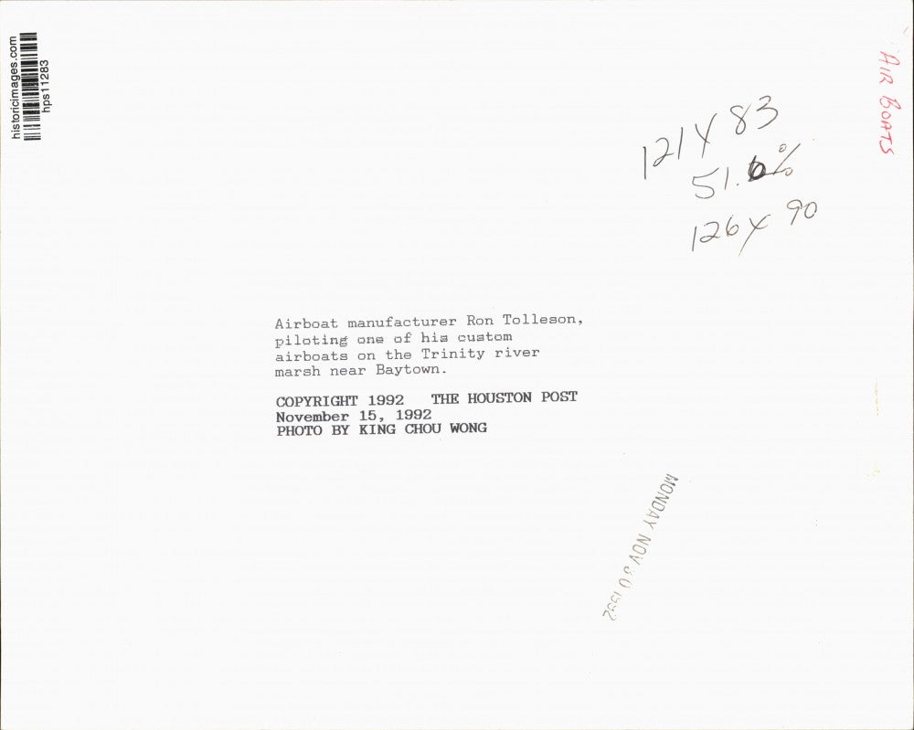 1992 Press Photo Ron Tolleson drives Air Boat, Trinity River Marsh near Baytown