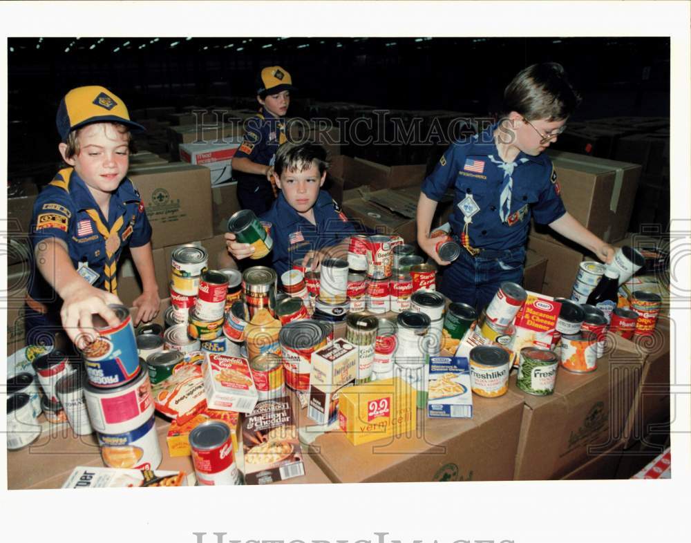 1988 Press Photo Boy Scouts sort Food for &quot;Scouting for Food&quot; Drive in Houston- Historic Images