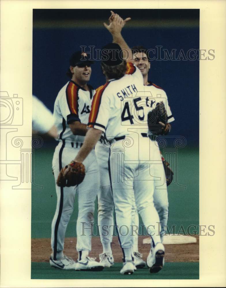 1989 Press Photo Houston Astros&#39; Steve Lombardozzi, Dave Smith and Ken Caminiti- Historic Images