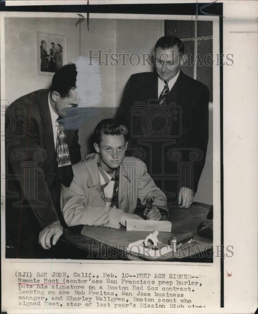 1958 Press Photo Ronnie Root signs Boston Red Sox Baseball Contract, California- Historic Images