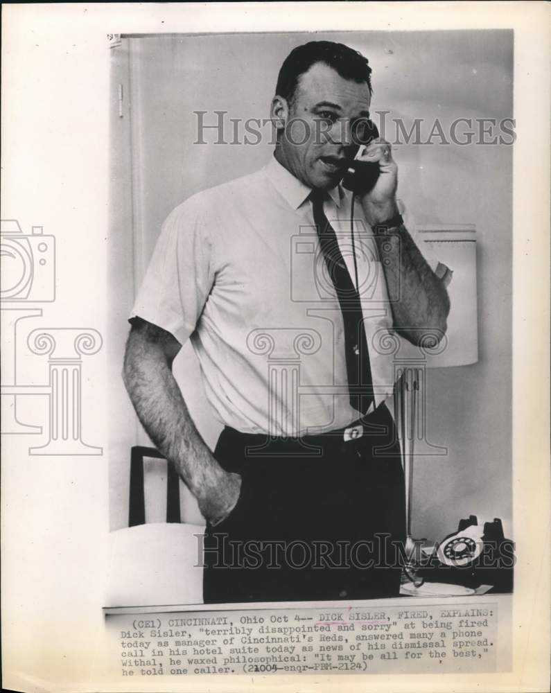 1965 Press Photo Fired Cincinnati Reds manager Dick Sisler talks on phone- Historic Images