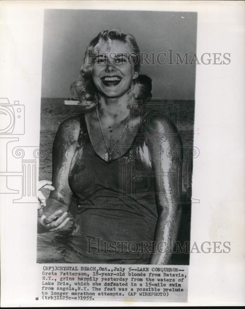 1955 Press Photo Swimmer Greta Patterson after Lake Erie swim in Ontario- Historic Images