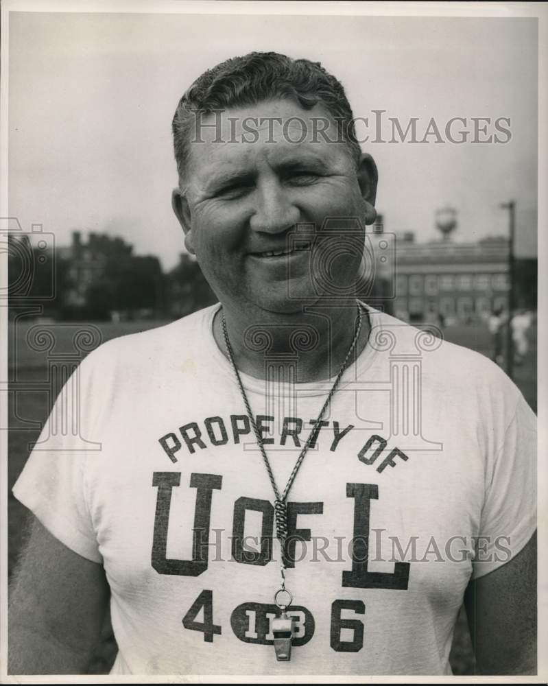 1959 Press Photo College Football Line J.D. Dunn Wears Whistle - hps15187- Historic Images