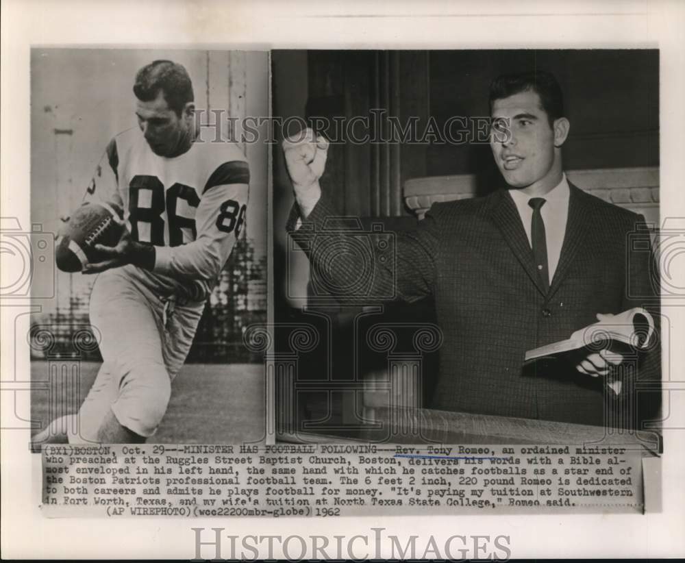 1962 Press Photo Boston Patriots Football Player &amp; Preacher, Reverend Tony Romeo- Historic Images