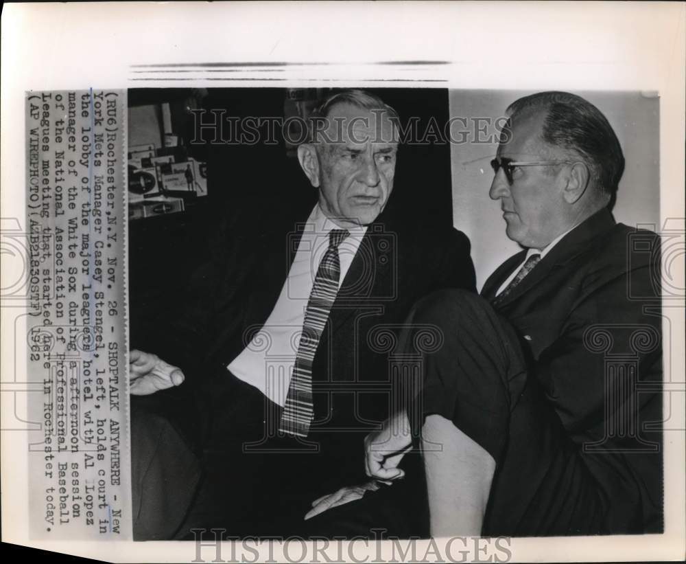 1962 Press Photo Baseball managers Casey Stengel and Al Lopez in Rochester, N.Y.- Historic Images