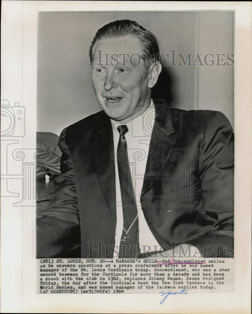 1964 Press Photo St. Louis Cardinals baseball manager Red Schoendienst- Historic Images