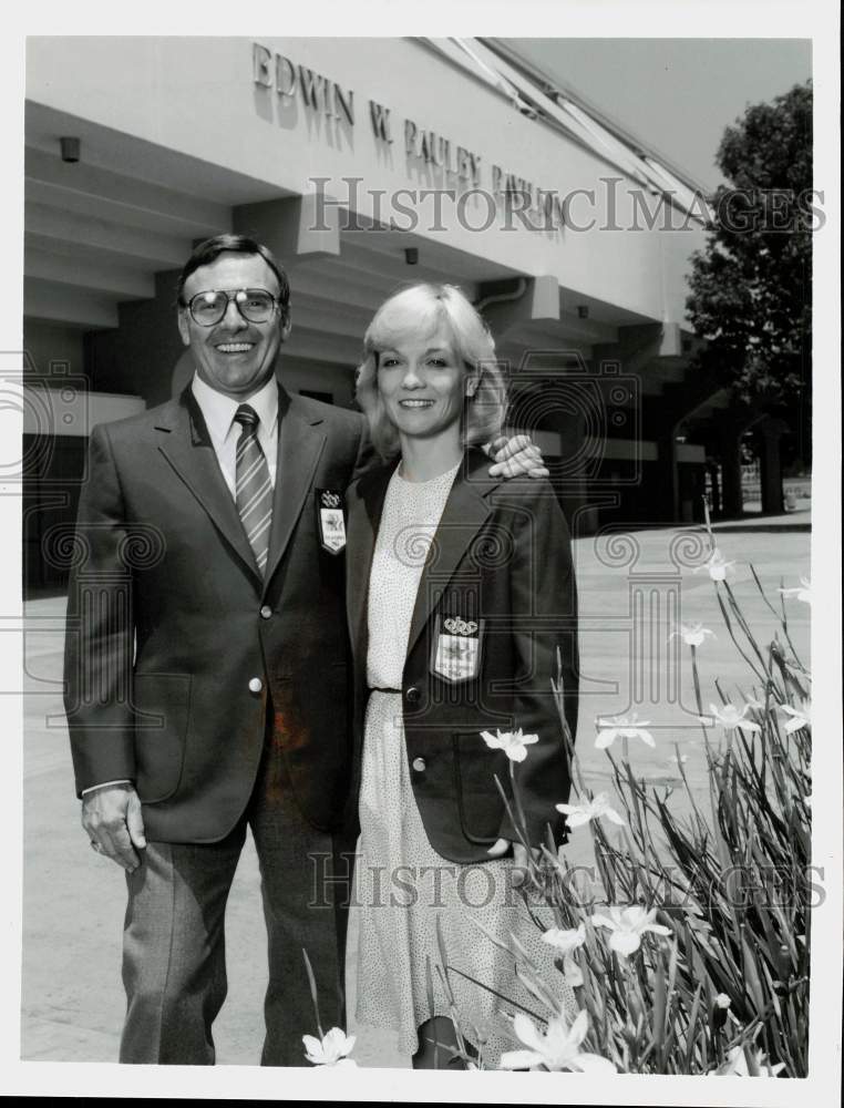 1984 Press Photo Olympic Sportscasters Gordon Maddux & Cathy Rigby, Los Angeles- Historic Images